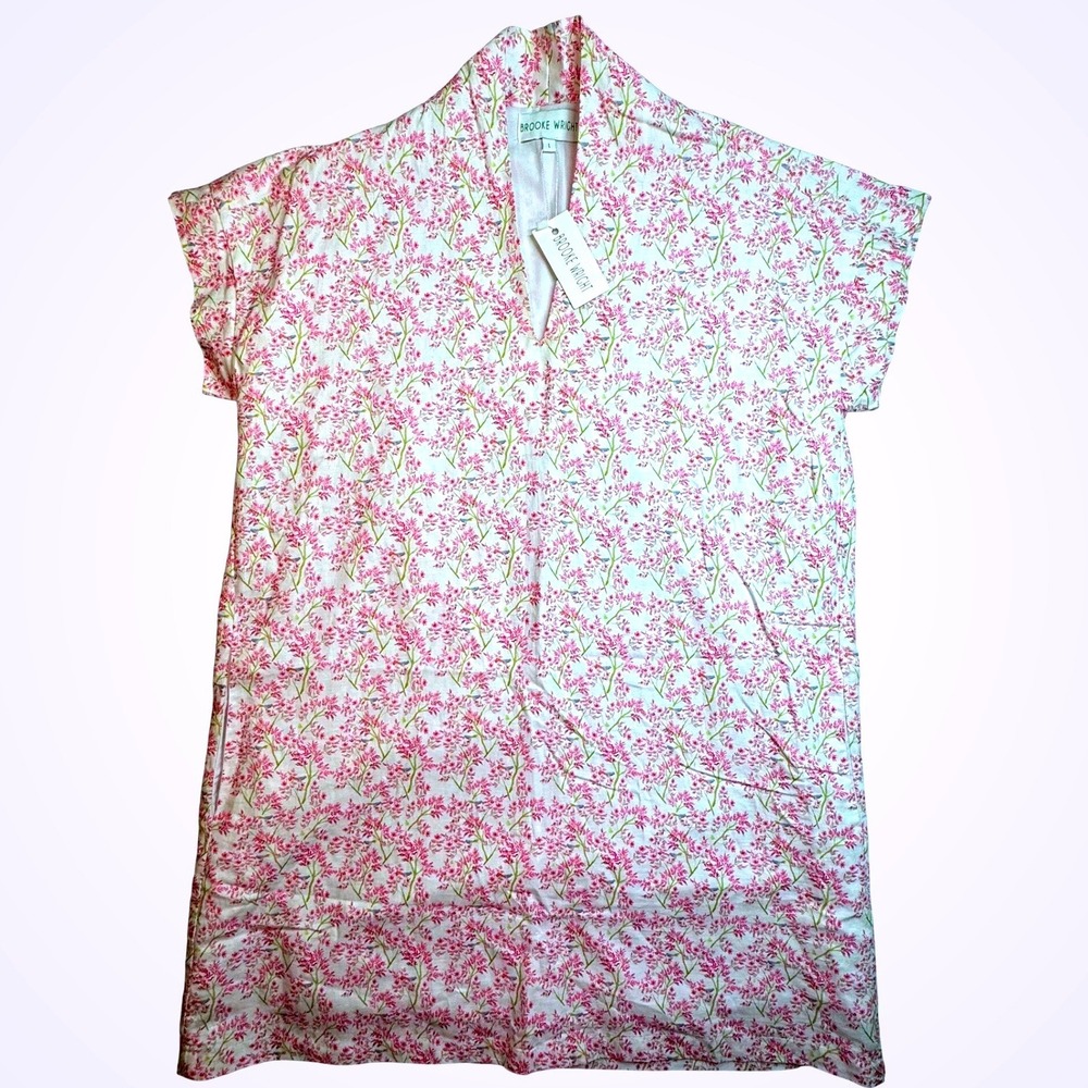 Brooke Wright Nancy Dress Pink Chinoiserie Floral Linen Blend Shift Large NWT